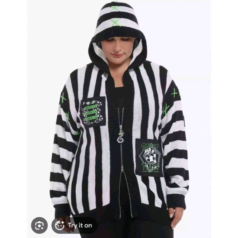Beetlejuice Beetlejuice Stripe Patches Girls Hooded Cardigan Plus Size SM